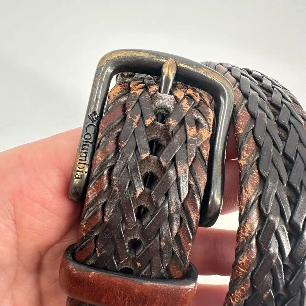 Vintage Columbia Men's Two-Tone Leather Trim Woven Braided Belt Brown Size Small
